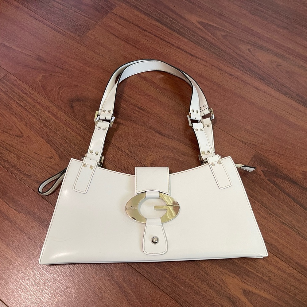 Vintage Guess white patent leather prominent silver G purse handbag tote - Picture 3 of 12